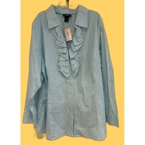 LANE BRYANT Womens Shirt PLUS SZ 24 Tailored Ruffled Teal Stripe MSRP $54.95 NWT